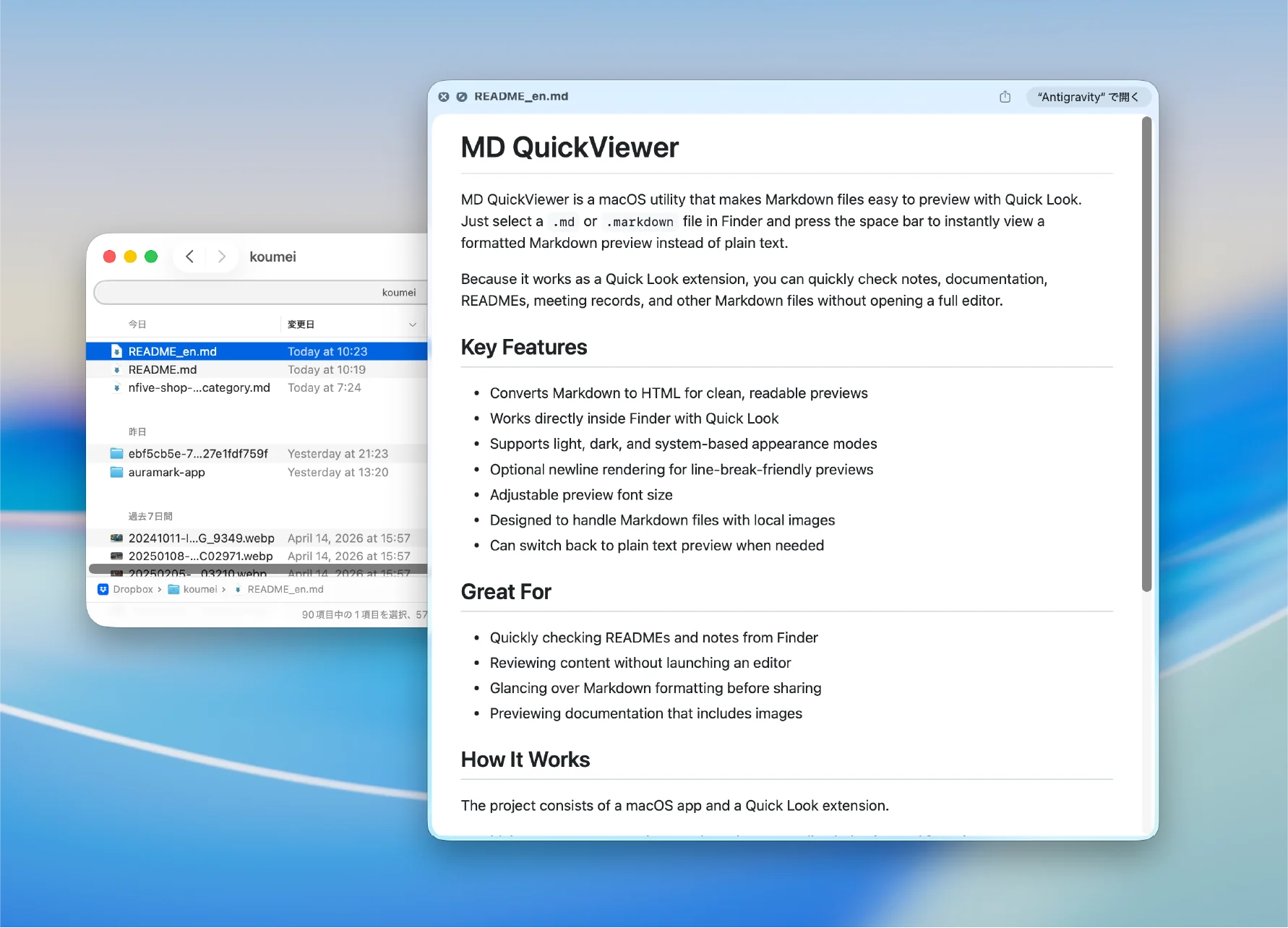 MD QuickView showing a Markdown file in Finder Quick Look