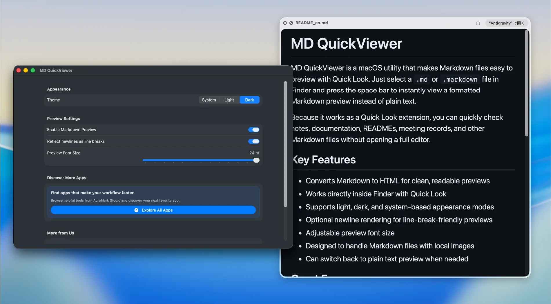 MD QuickView settings screen