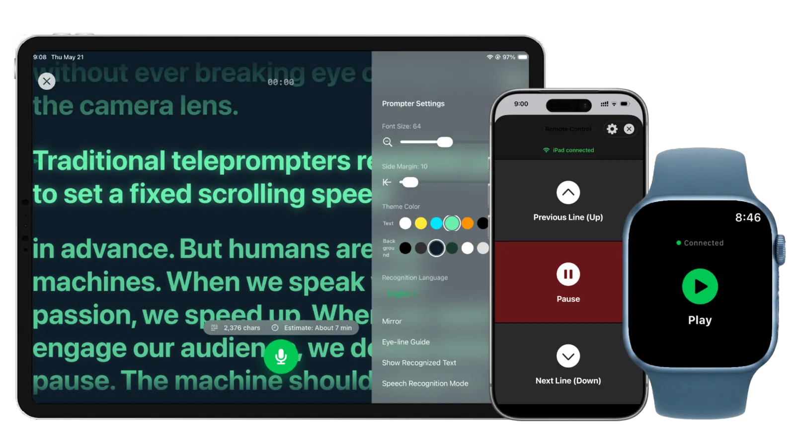 VocaPrompter iPhone screen auto-scrolling a script with voice recognition