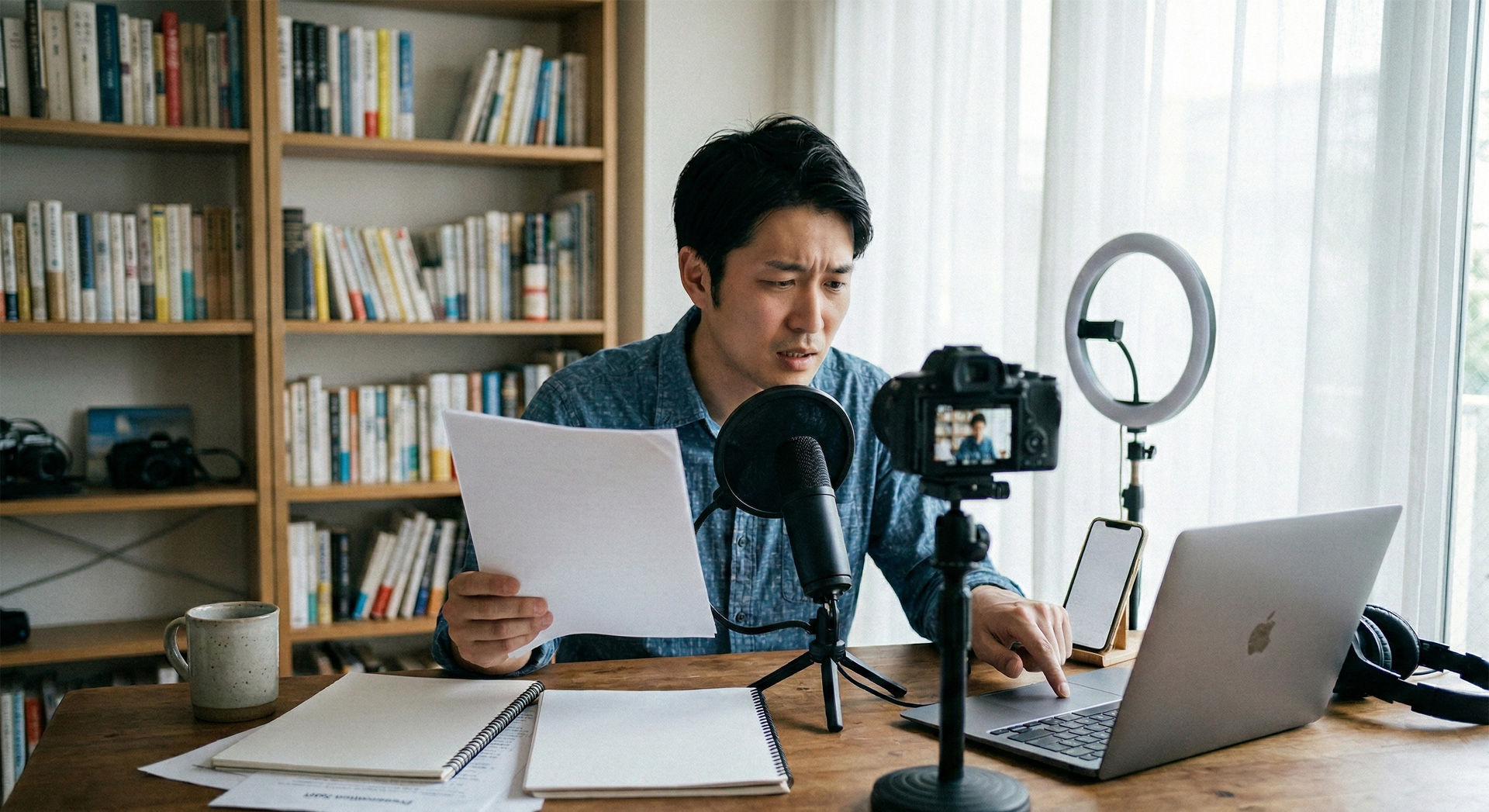 台本を見ながら話す動画撮影で目線が不自然になっている悩みのイメージ