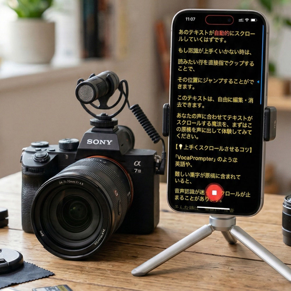 iPhoneだけで台本を見ながら動画撮影しているVocaPrompterの利用イメージ