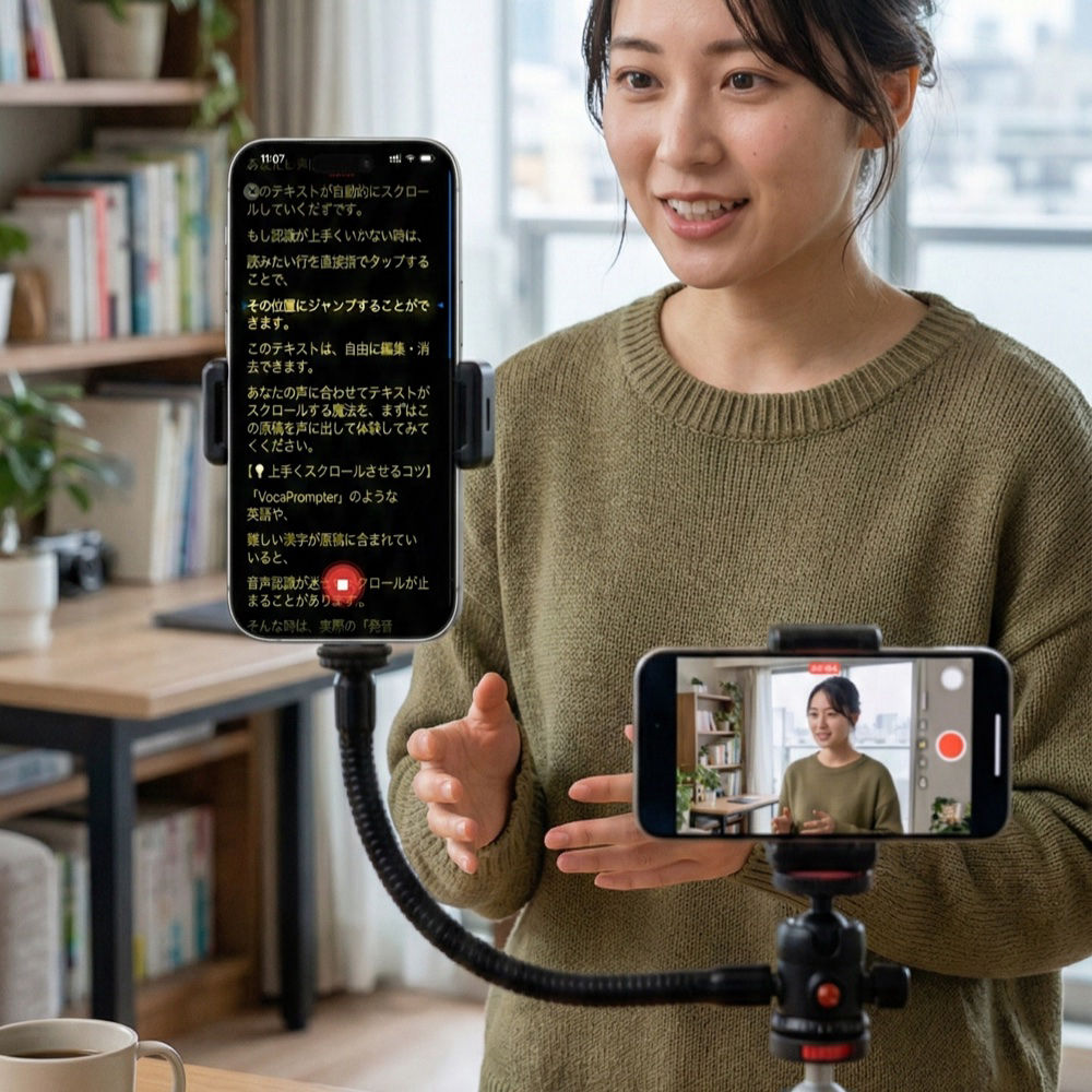 VocaPrompterが話す声に合わせて台本を追従しているiPhone画面